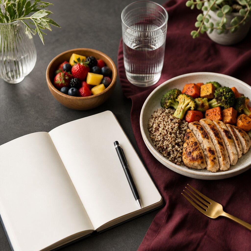 A meal and notebook prepared for a nutrition conversation