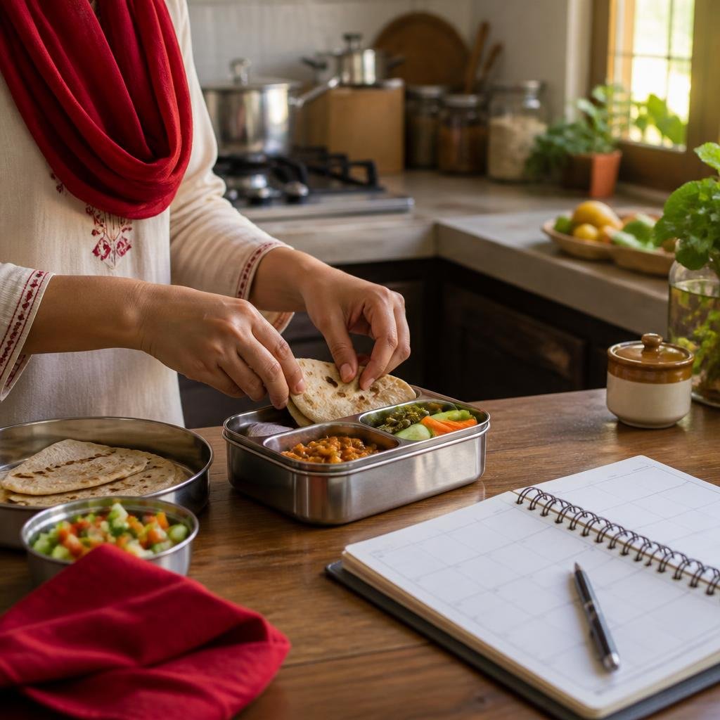 Preparing a familiar meal in a lunchbox beside a weekly planner