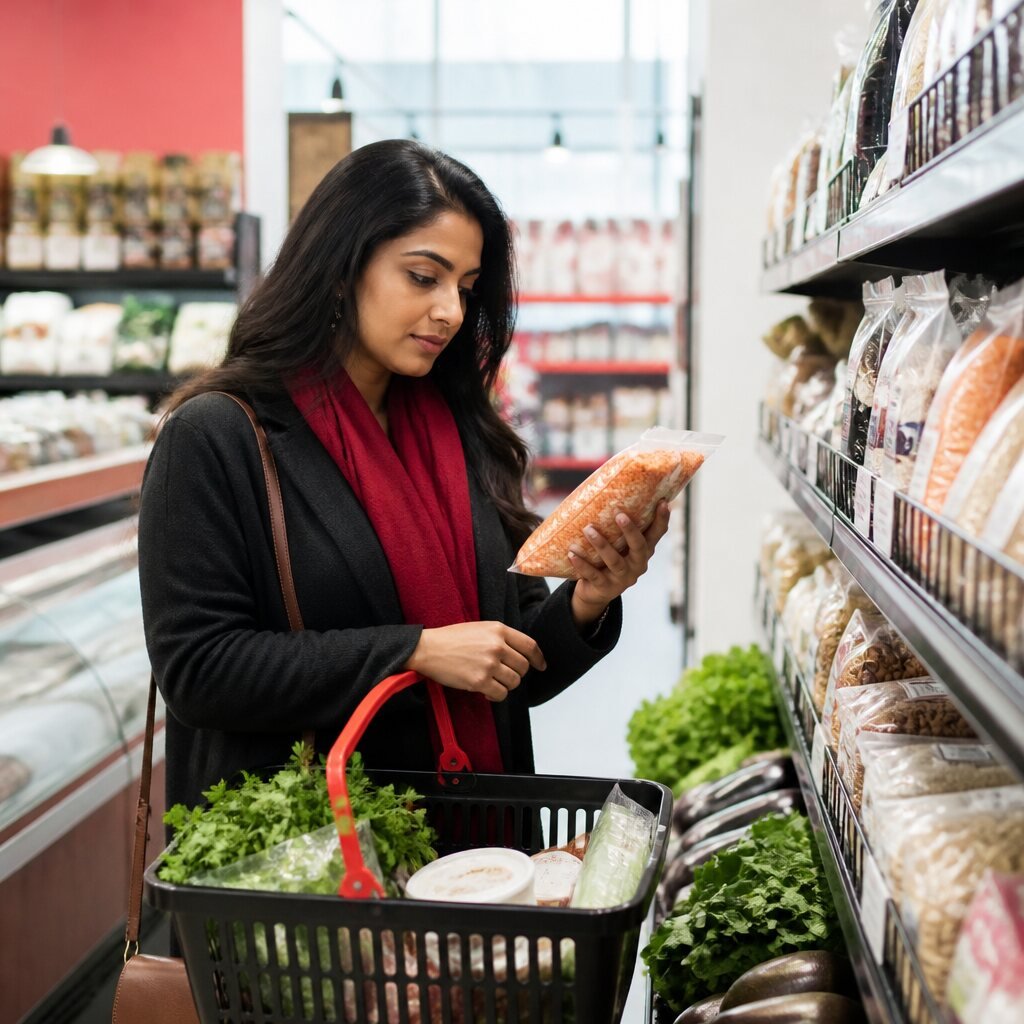 A shopper checking familiar food choices in a grocery store