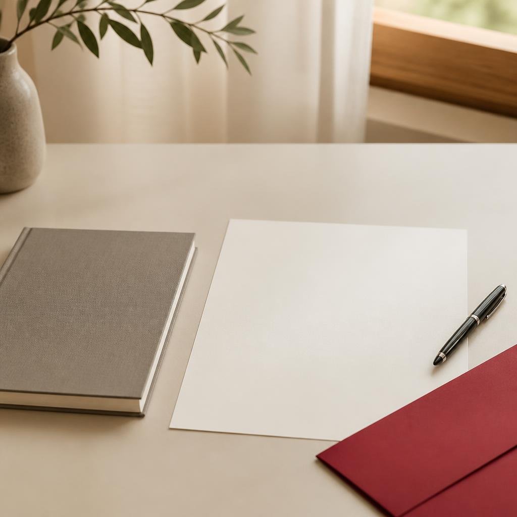 An unmarked sheet of paper, notebook and pen on a quiet review desk