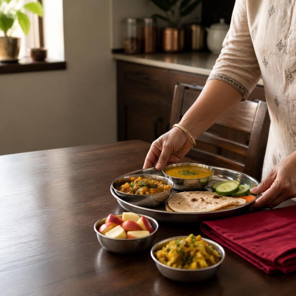 A familiar home-cooked Indian meal being served in a family kitchen